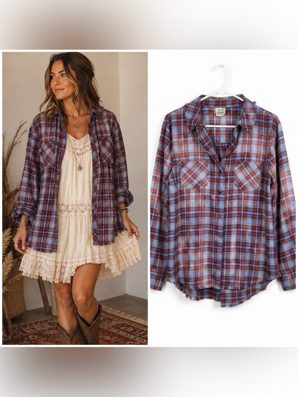Jaded Gypsy Shirt Boho Plaid Cotton Button Down Raw Hem Lagenlook Hippie L XL